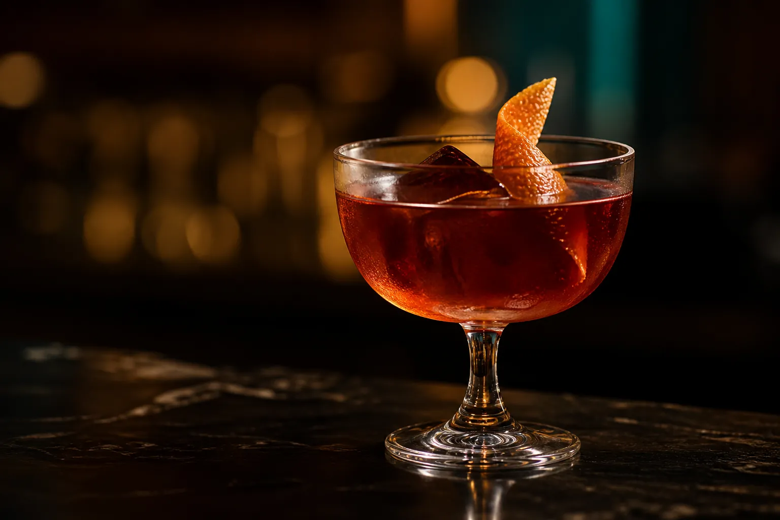 Cocktail signature ambrato in coppa con scorza di agrume